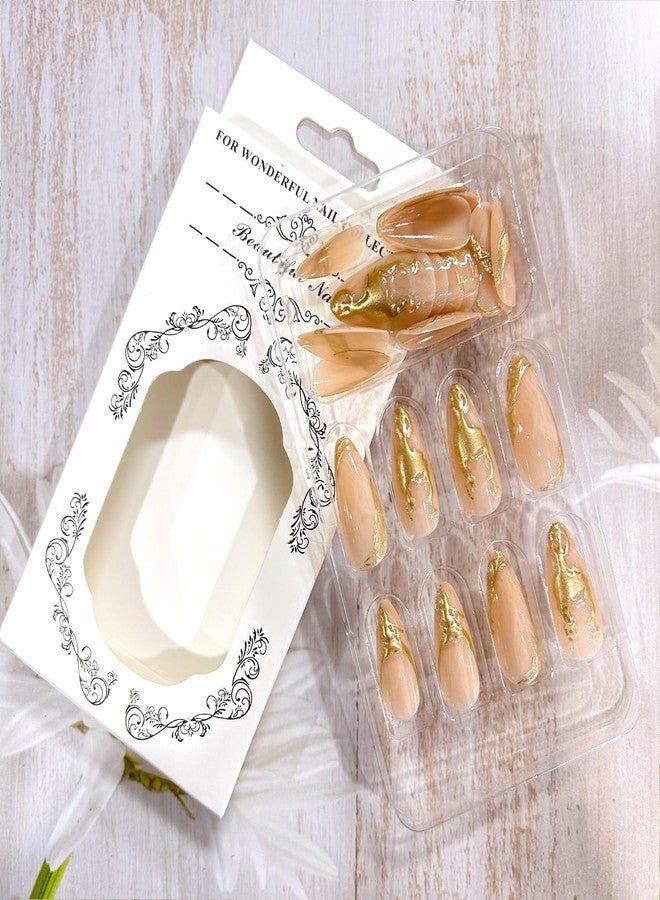 CJDLTS 24Pcs Gold French Tip Press on Nails Medium Length Almond False Nails Golden 3D Lines Design Stick on Nails Artificial Acrylic Nails Full Cover Coffin Nails Reusable Glue on Nails for Women - Image 5